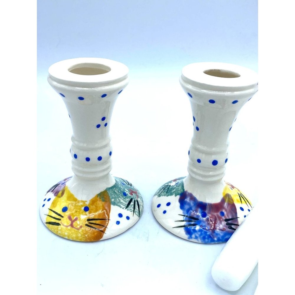 Sari Spongeware Kitty Cat Candle Sticks Signed Set of 2